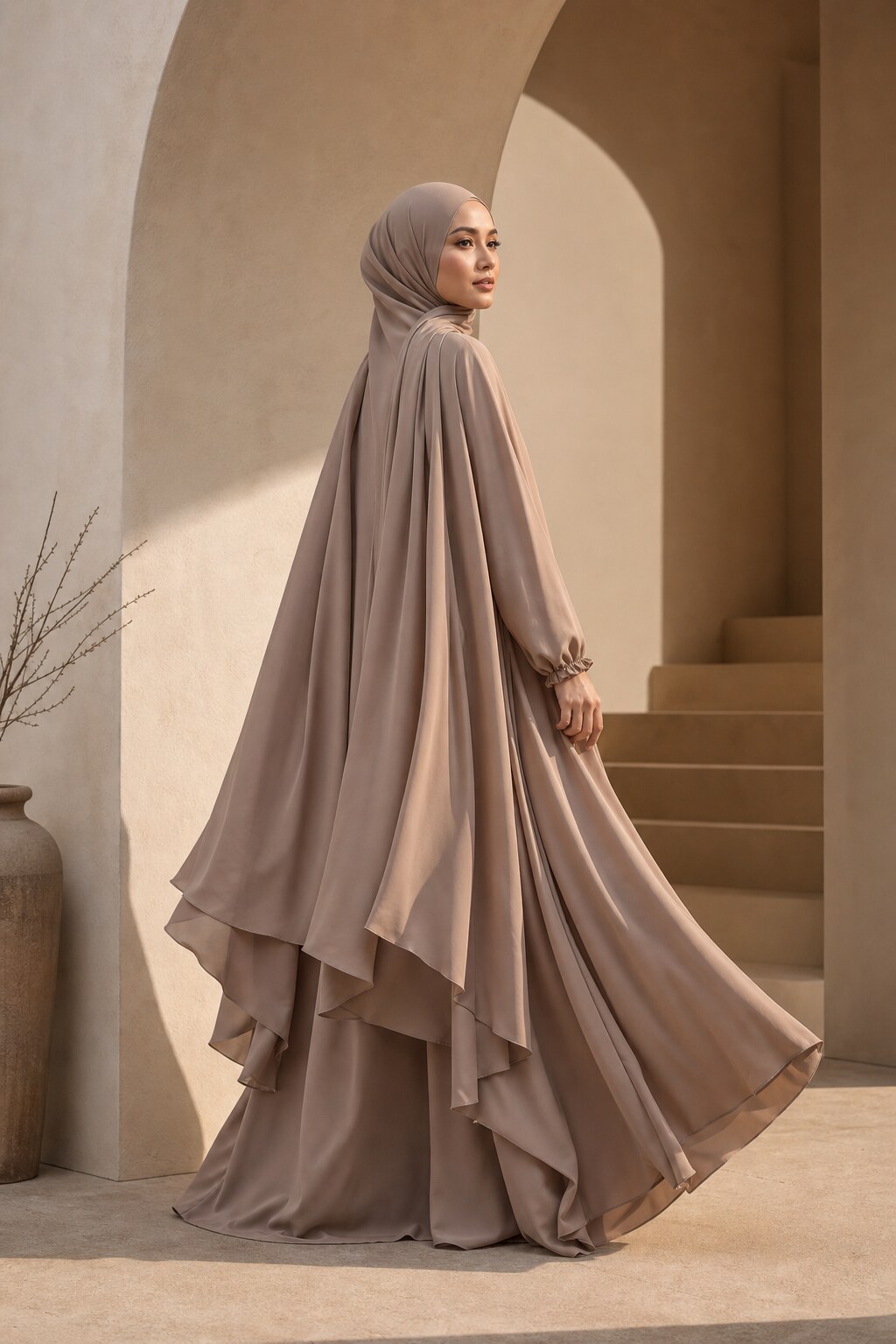 Perempuan anggun mengenakan abaya syari Meraya