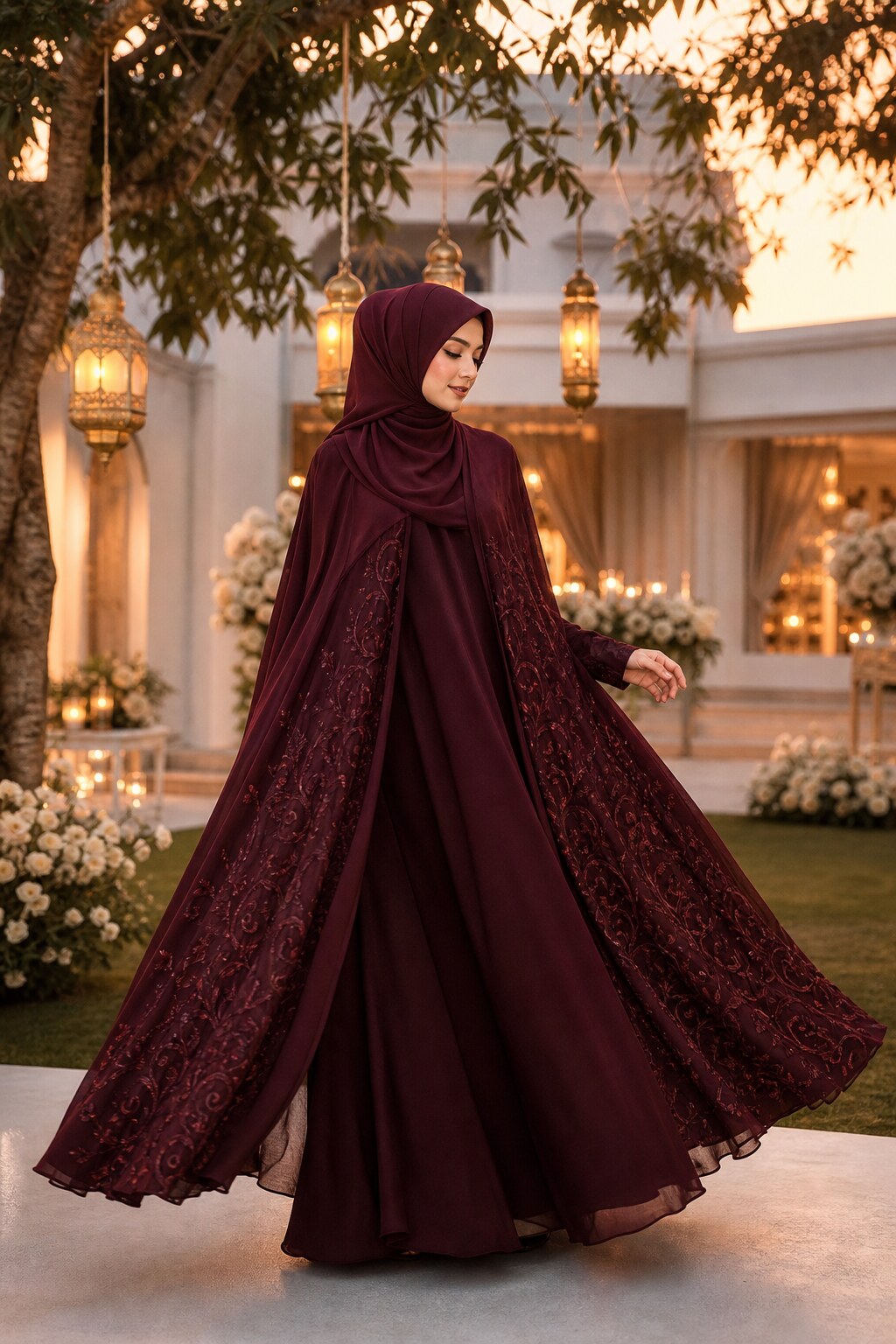 Mahira Burgundy Abaya untuk pesta